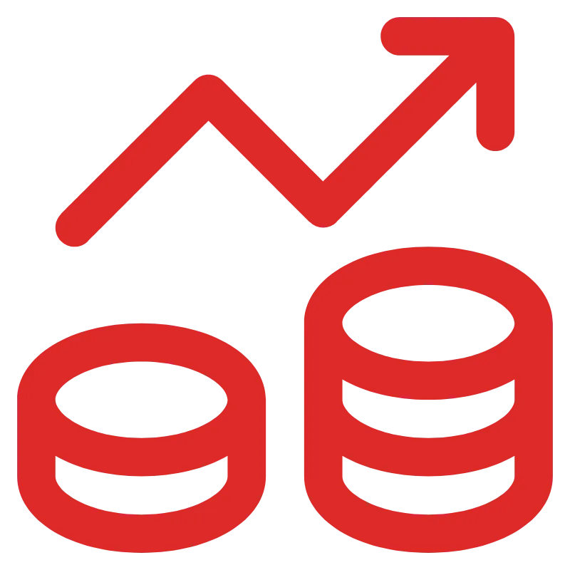 Red icon of stacked coins with an upward zigzag arrow, symbolizing financial growth or increasing profits.
