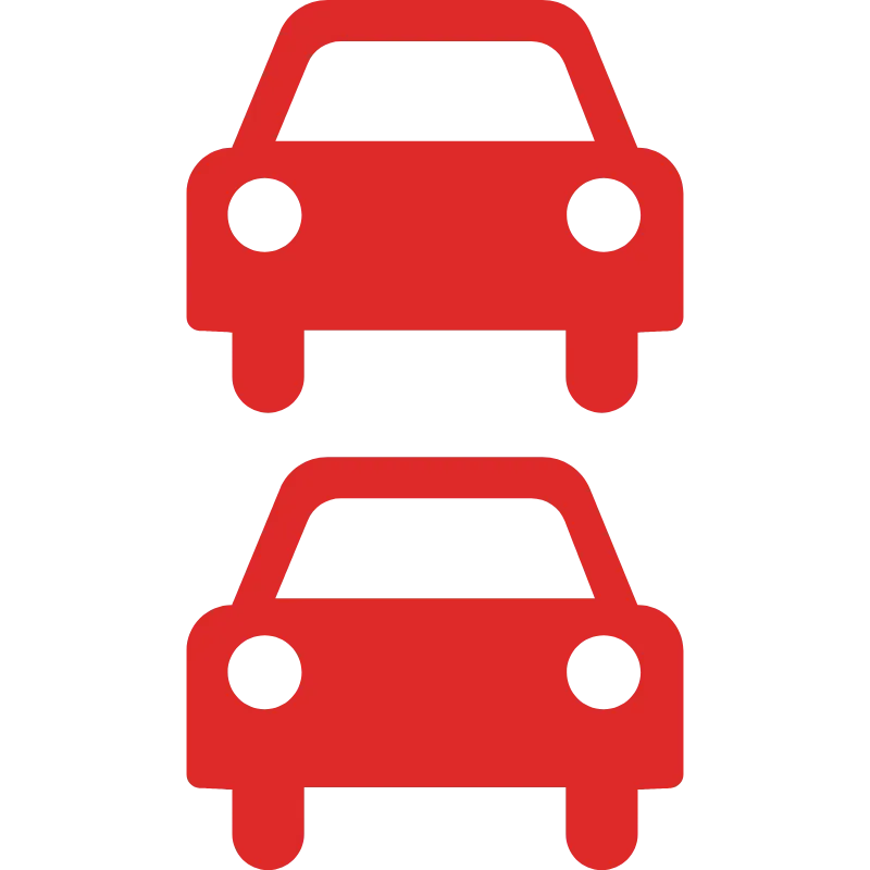 Red icon of two cars stacked vertically on a black background, symbolizing traffic or car congestion.