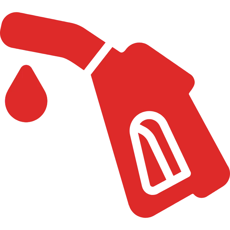 Red gas pump nozzle icon with a single drop of fuel on a black background.