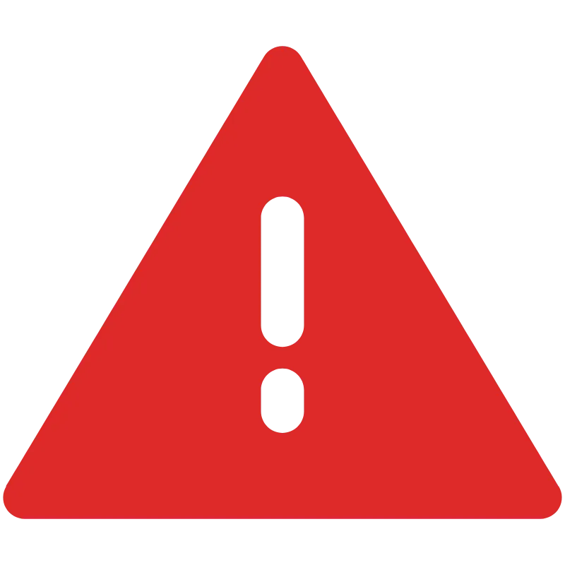 Red triangular warning sign with a bold exclamation mark on a black background.