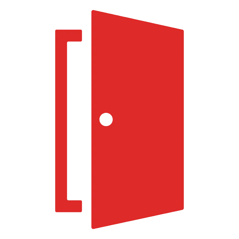 Red open door icon on a black background, showing a doorframe and circular doorknob.