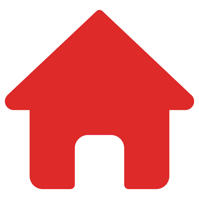 Red house icon with a triangular roof and arched doorway on a transparent background.