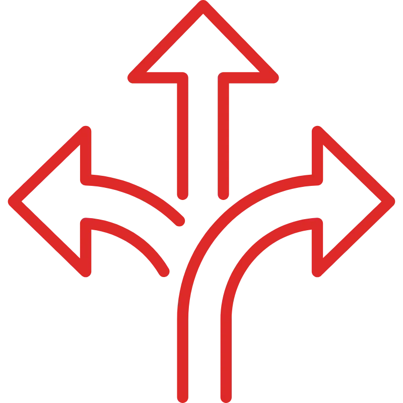 Red icon of three diverging arrows pointing left, right, and up, symbolizing multiple directions or choices.