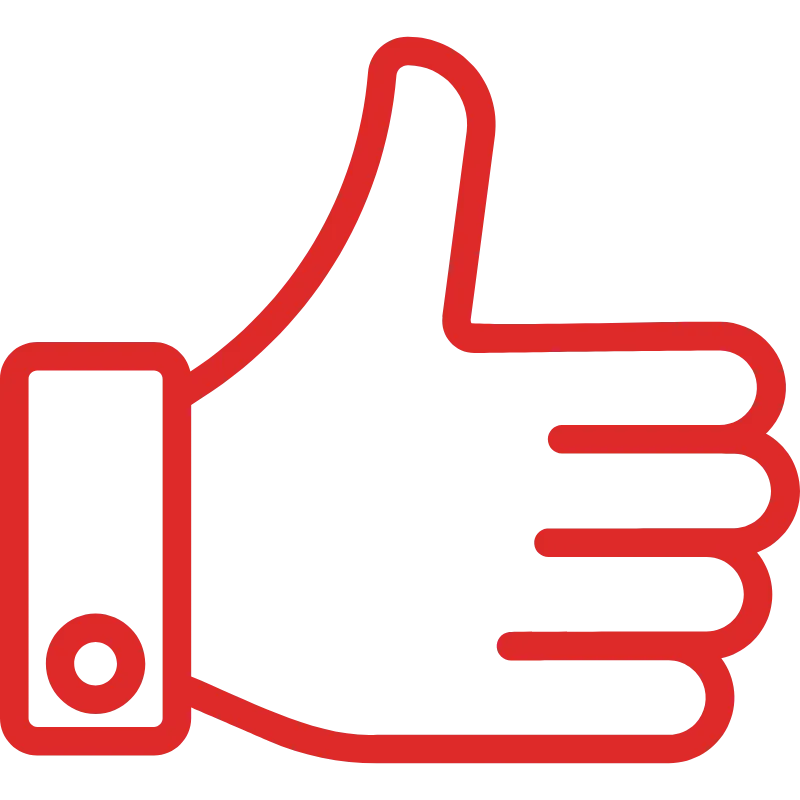 Red outline icon of a hand giving a thumbs-up on a transparent background.