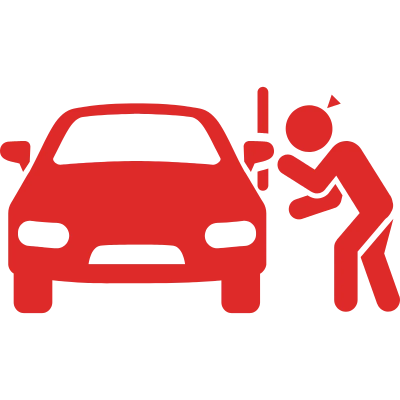 Red icon of a person breaking into a car with a tool, suggesting car theft or vandalism.