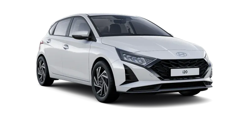 White Hyundai i20 hatchback, front three-quarter view, featuring bold grille, sleek LED headlights, and alloy wheels on white background.