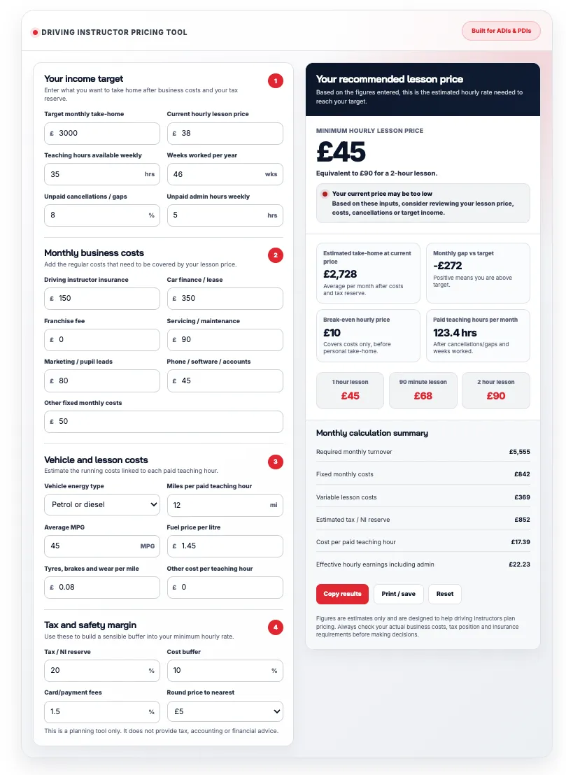 Driving instructor pricing tool showing income target inputs, business costs, and recommended lesson price of £45 per hour with monthly calculation summary.
