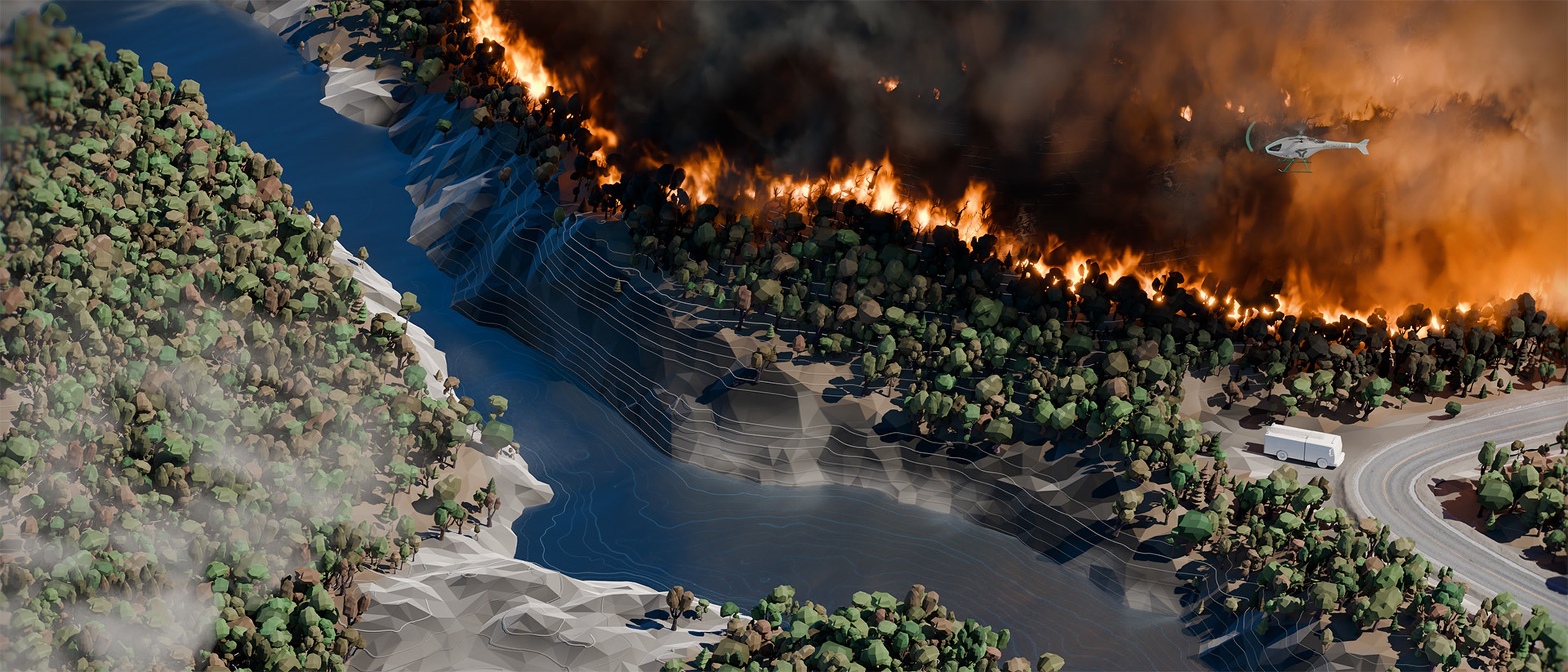 3D digital graphic showing the VectaCore VC-35G unmanned helicopter operating over a raging forest fire along a river valley, providing real-time data to emergency response vehicles on the ground.