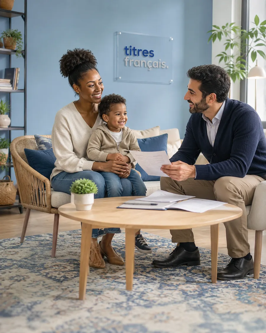 Une mère et son enfant reçus par un conseiller Titres Français pour une naturalisation de parent d'enfant français.