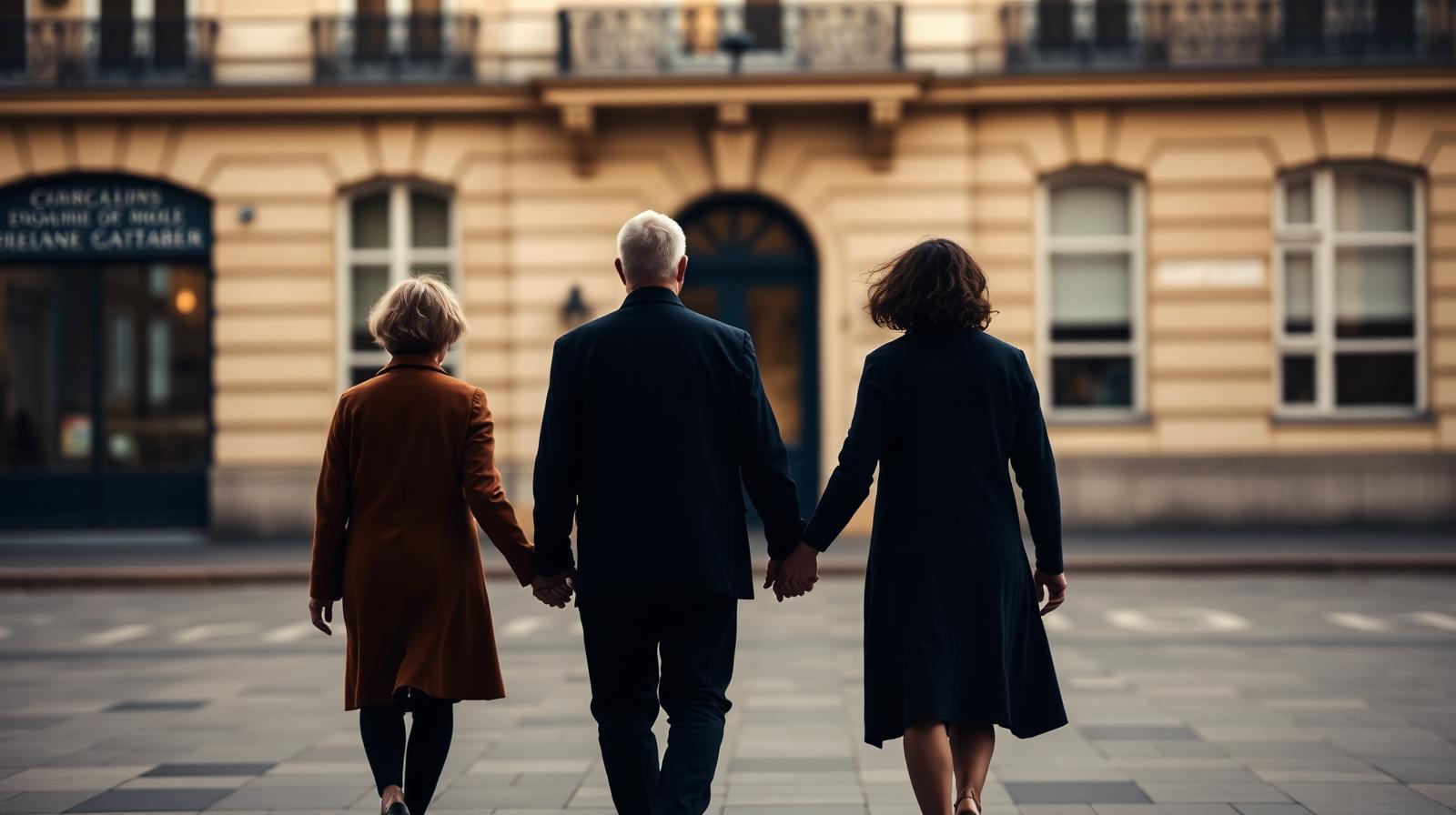 Famille marchant main dans la main devant un immeuble parisien, illustrant le regroupement familial