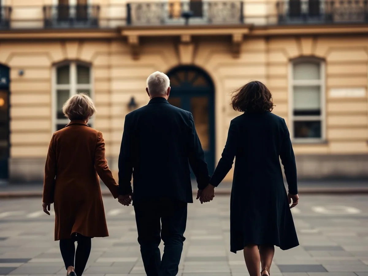 Famille marchant main dans la main devant un immeuble parisien, illustrant le regroupement familial