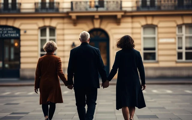Famille marchant main dans la main devant un immeuble parisien, illustrant le regroupement familial