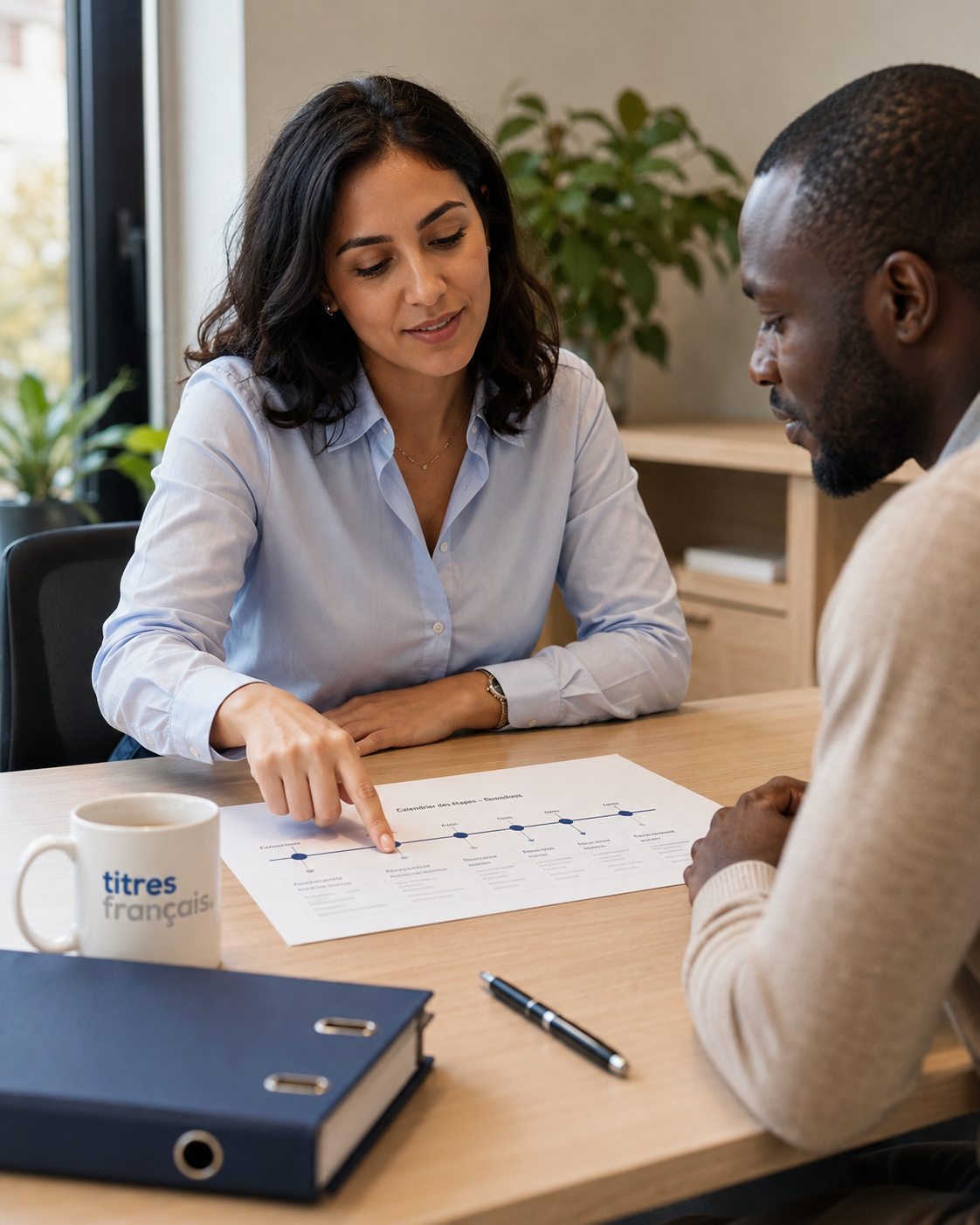 Conseillère Titres Français expliquant l'échéancier d'une demande de naturalisation à un client, dossier et calendrier sur le bureau