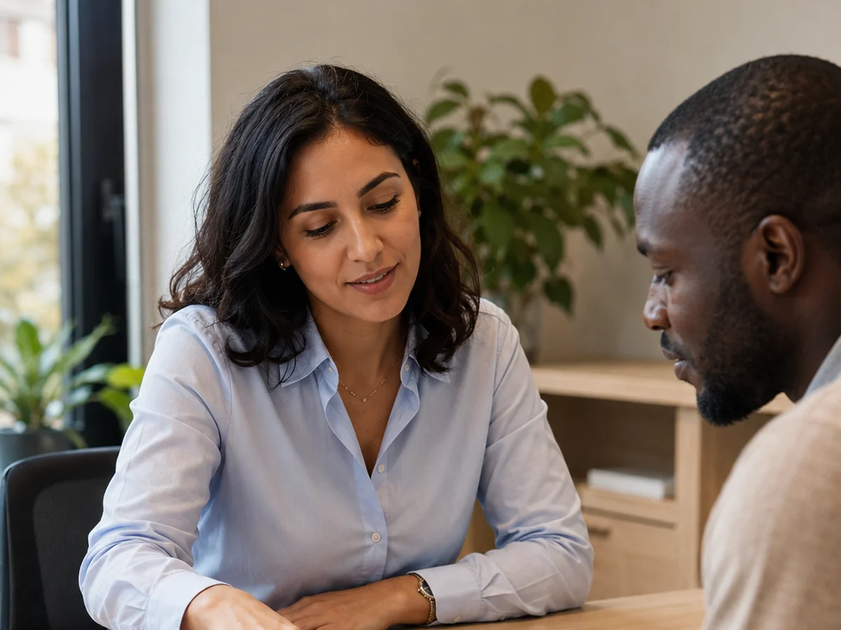 Conseillère Titres Français expliquant l'échéancier d'une demande de naturalisation à un client, dossier et calendrier sur le bureau