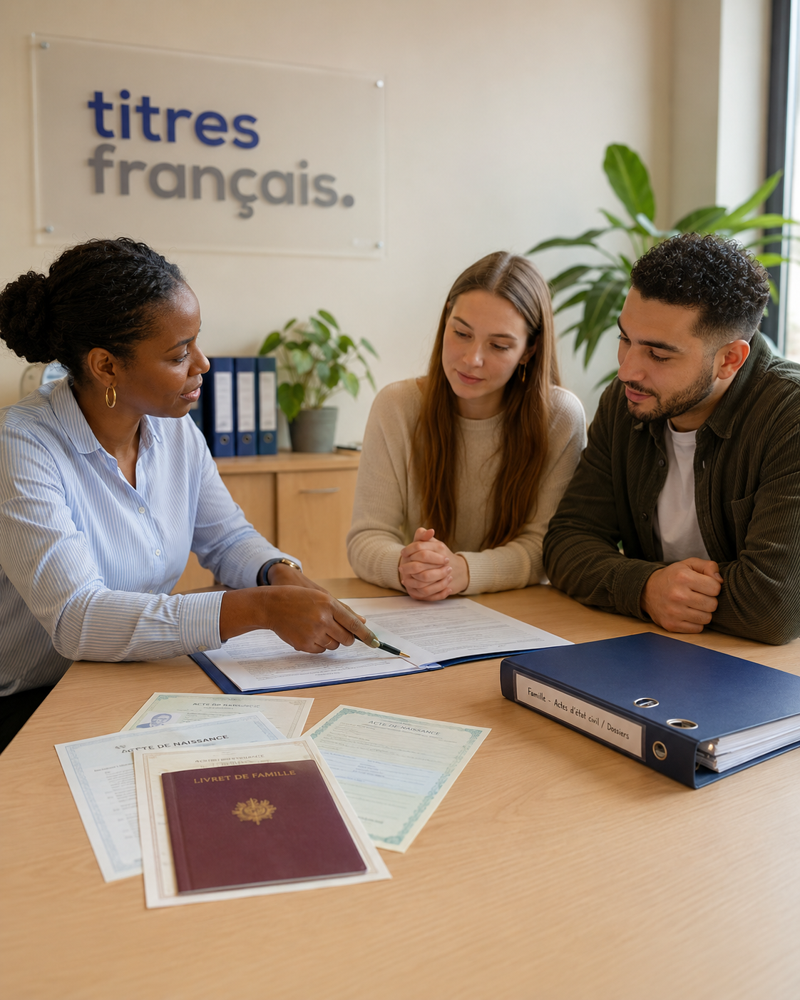 Conseillère Titres Français examinant un livret de famille et des actes de naissance avec un couple, pour une nationalité française par filiation
