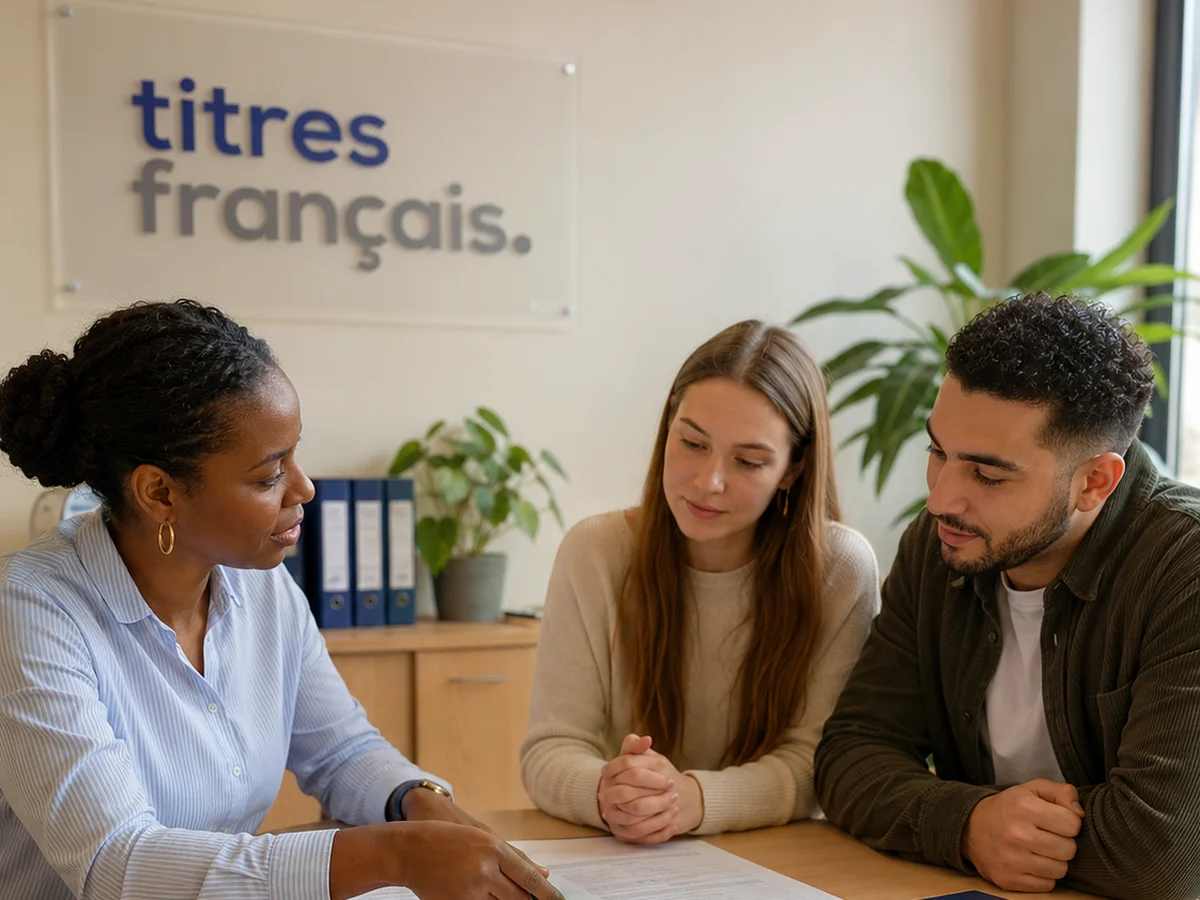 Conseillère Titres Français examinant un livret de famille et des actes de naissance avec un couple, pour une nationalité française par filiation