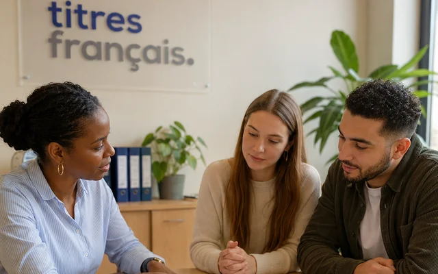 Conseillère Titres Français examinant un livret de famille et des actes de naissance avec un couple, pour une nationalité française par filiation