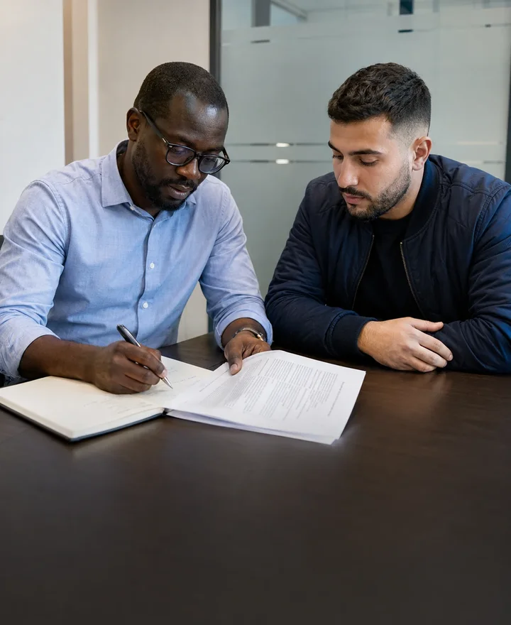 Conseiller et client relisant un avis administratif