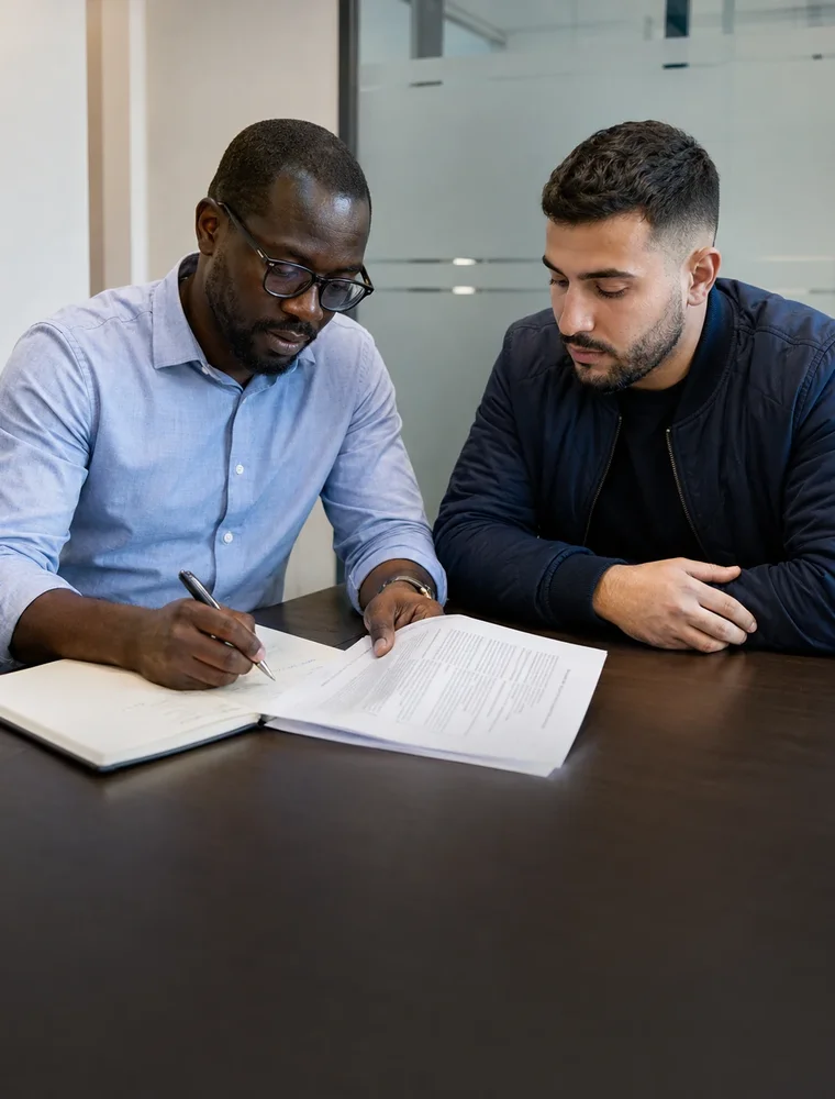 Conseiller et client relisant un avis administratif