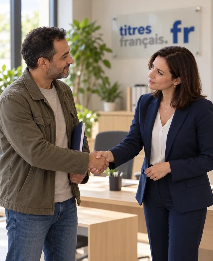 Une référente Titres Français accueille un client d'une poignée de main.