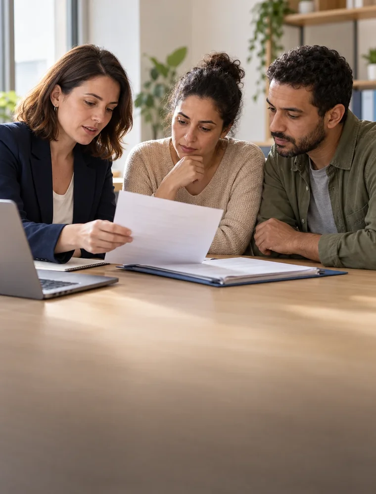 Une référente Titres Français relit un document avec un couple.