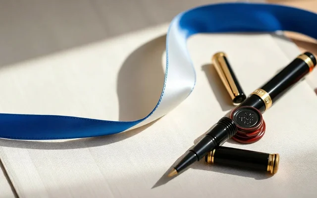 Ruban tricolore, stylo plume et cachet de cire, symboles de la naturalisation française