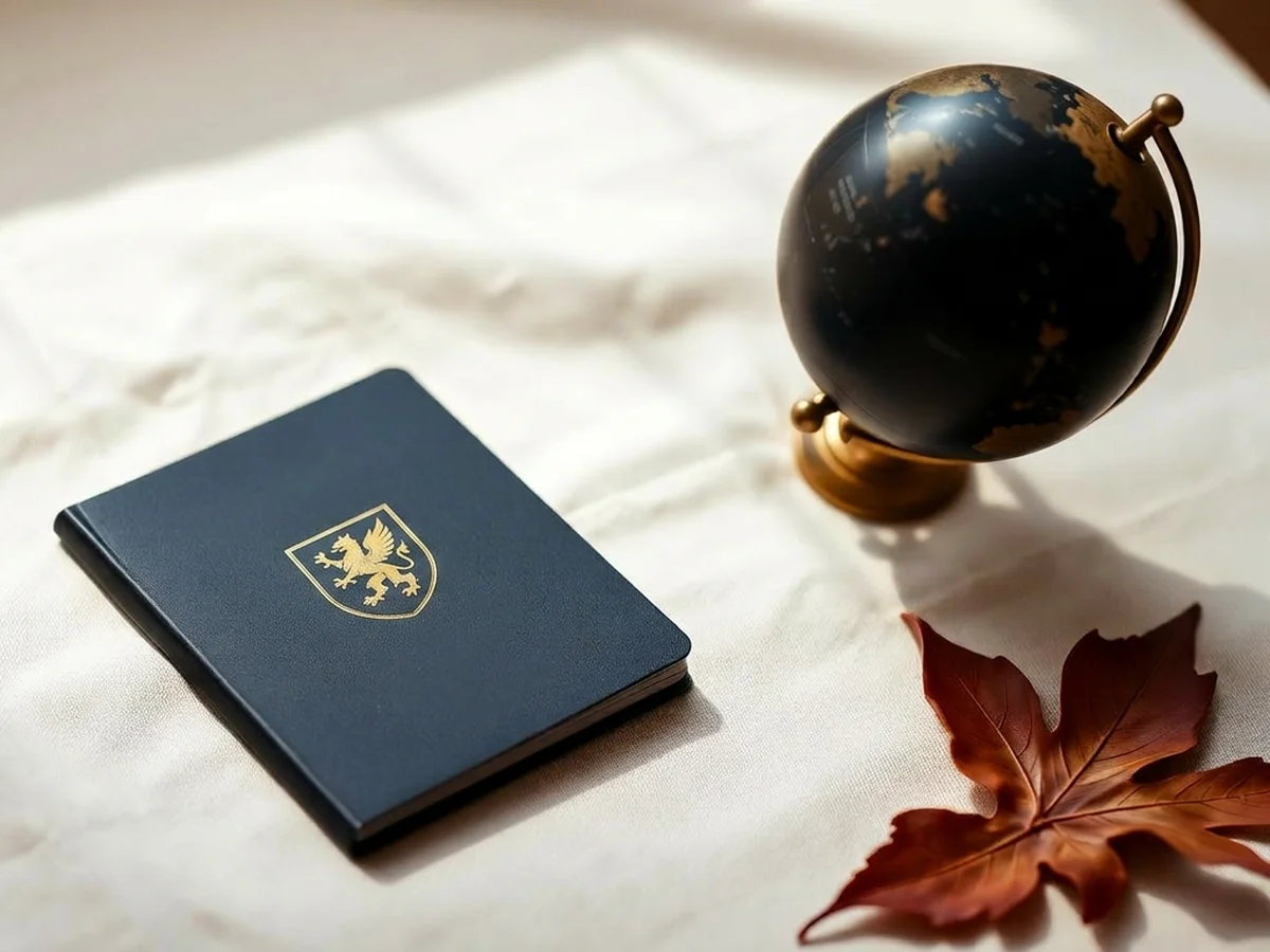 Passeport bleu marine et globe terrestre, symboles du visa long séjour pour la France