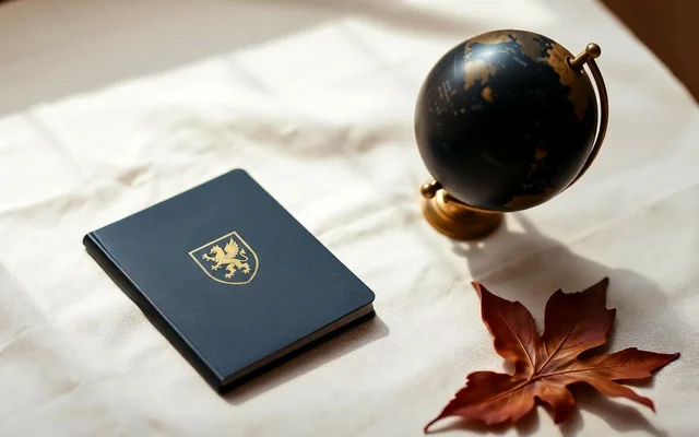 Passeport bleu marine et globe terrestre, symboles du visa long séjour pour la France