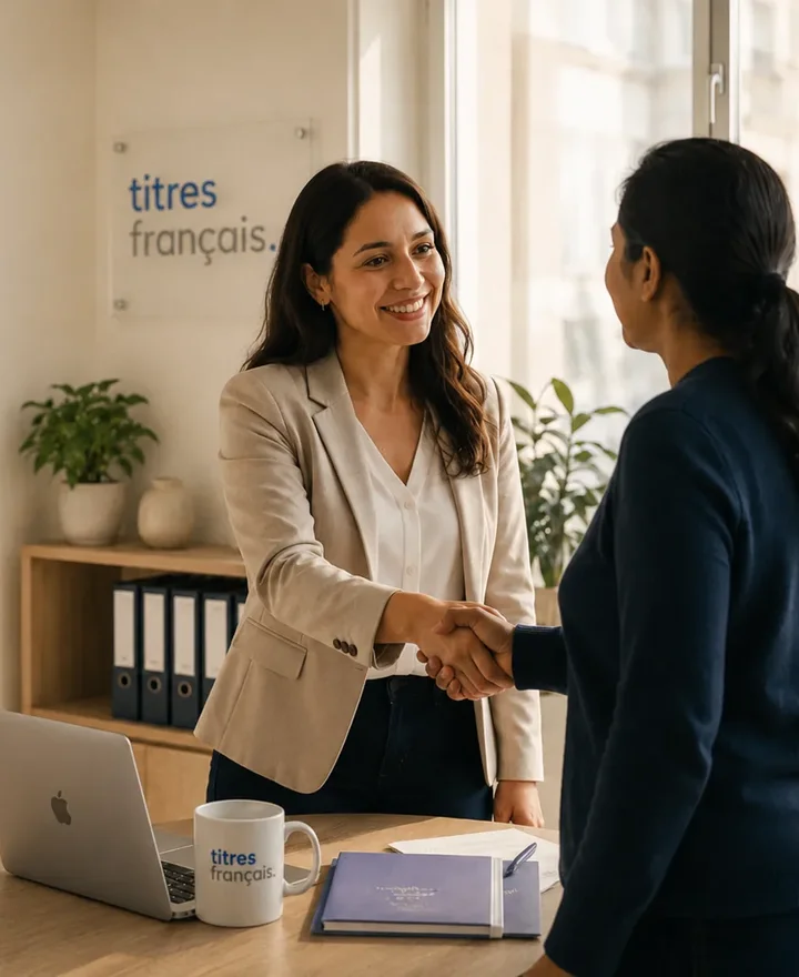 Une référente Titres Français accueille un client d’une poignée de main.