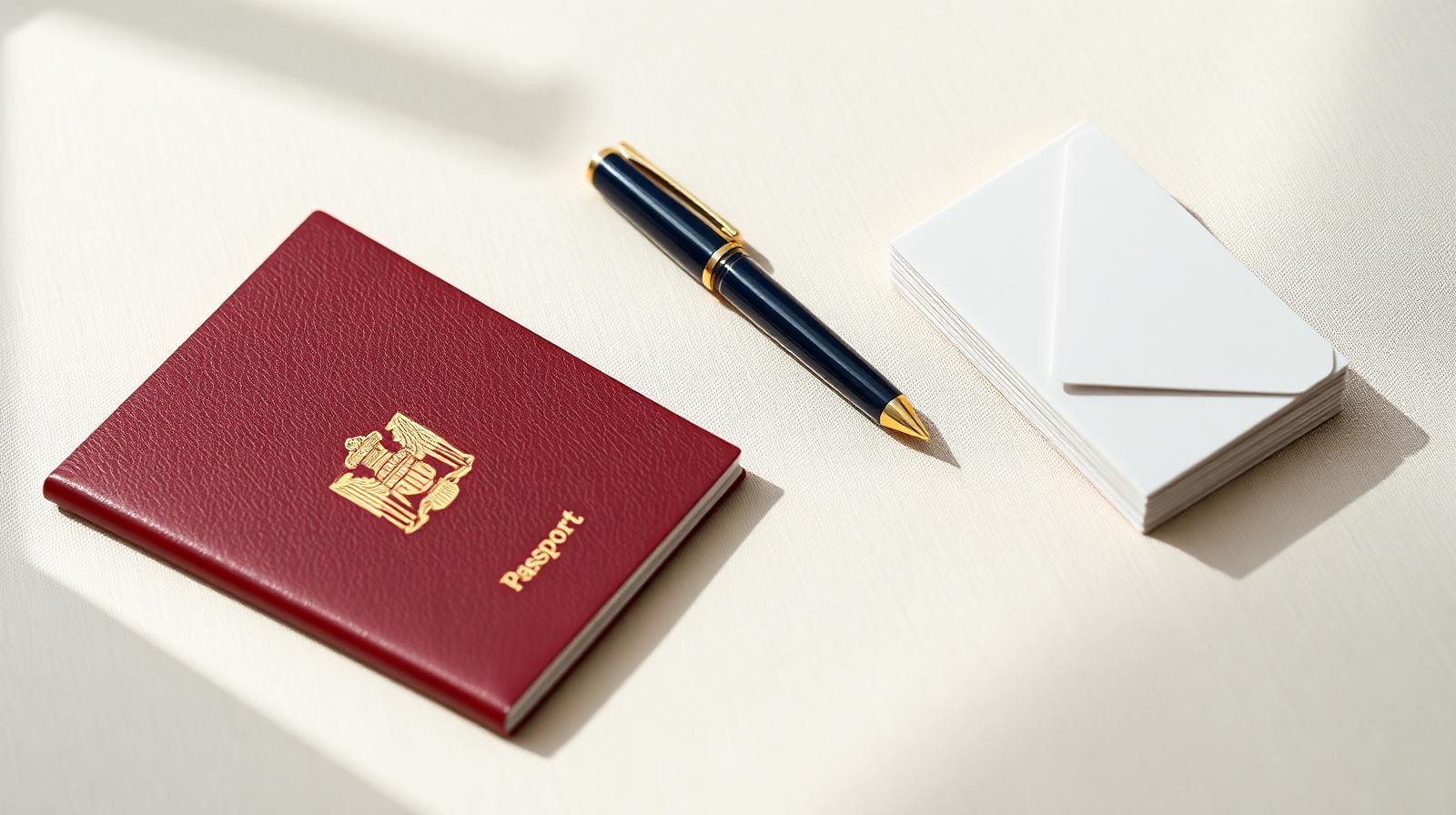 Passeport et stylo posés sur une table, illustrant les démarches pour obtenir un titre français