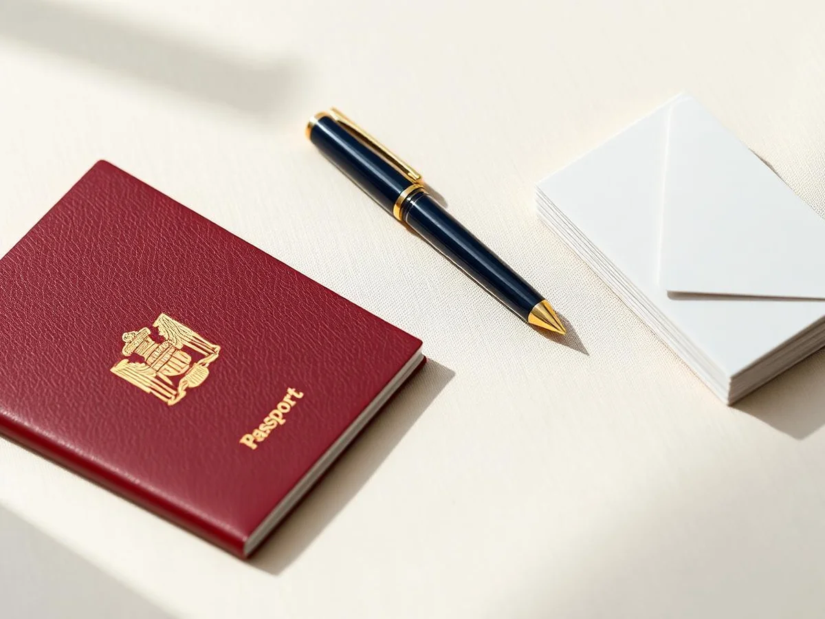 Passeport et stylo posés sur une table, illustrant les démarches pour obtenir un titre français
