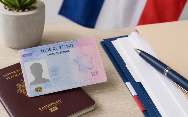 Une carte de titre de séjour posée sur un passeport, à côté d'un dossier bleu et d'un stylo, devant un drapeau français
