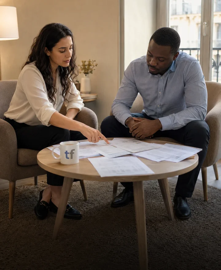 Conseillère et client examinant des documents sur une table basse