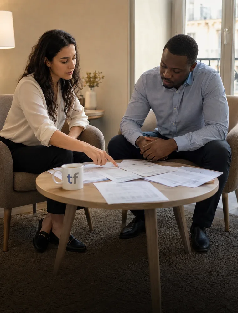 Conseillère et client examinant des documents sur une table basse