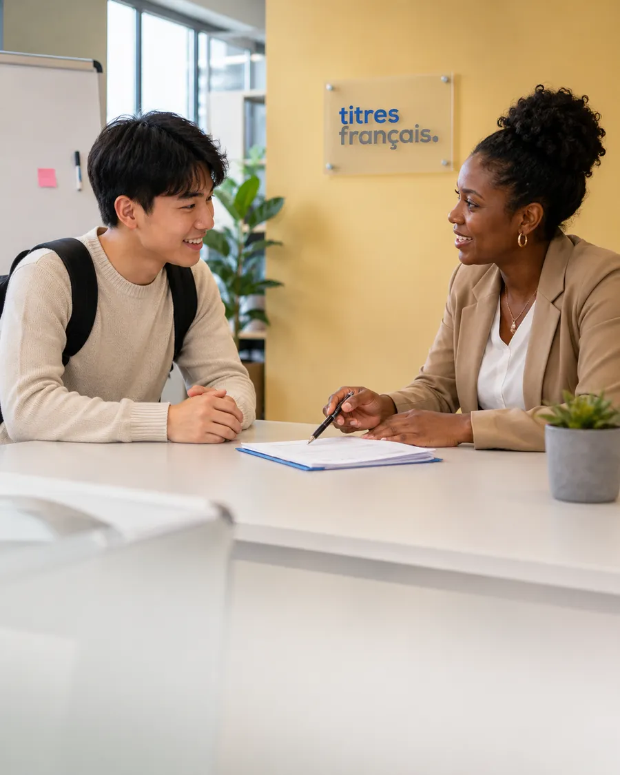 Une étudiante échange avec une conseillère Titres Français au sujet de son titre de séjour étudiant.