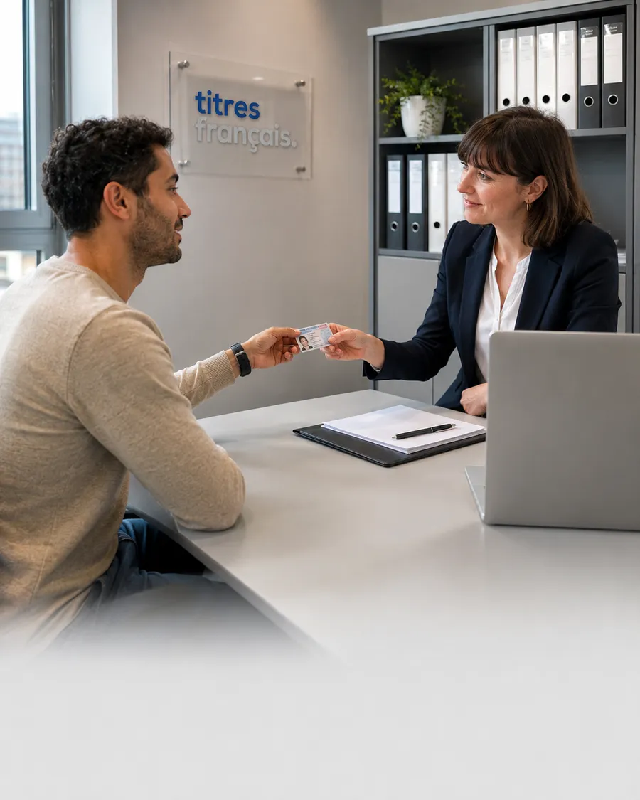 Un client remet son titre de séjour à renouveler à une conseillère Titres Français.