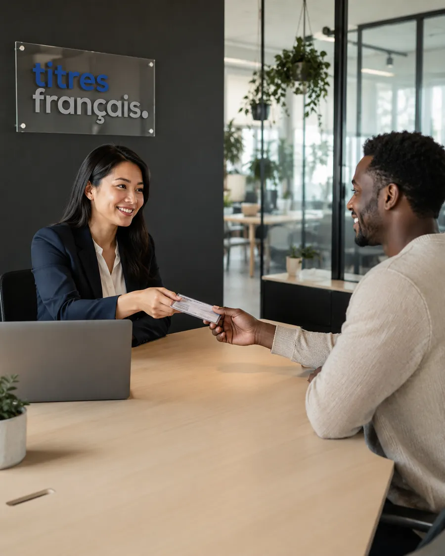 Une conseillère Titres Français remet un titre de séjour à un client, dans un bureau moderne.