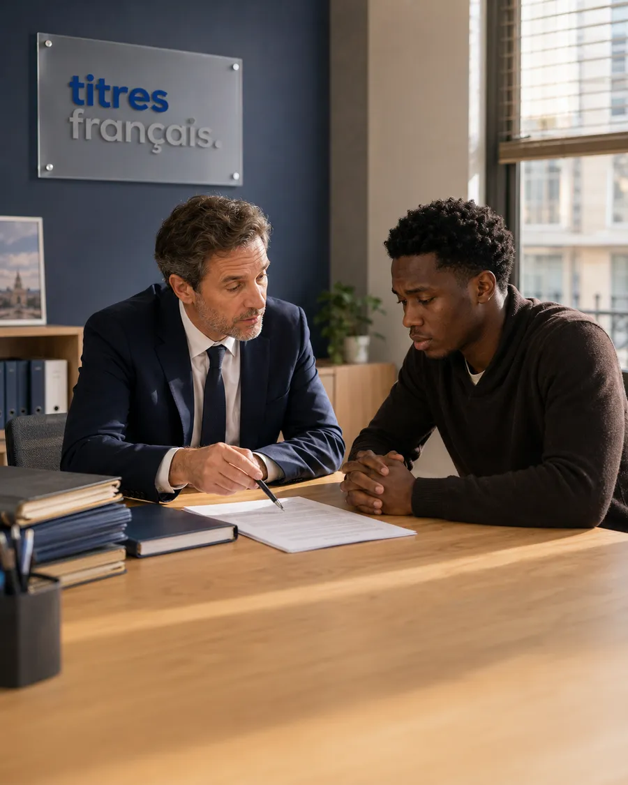 Un client accompagné par un conseiller Titres Français pour contester une obligation de quitter le territoire (OQTF).