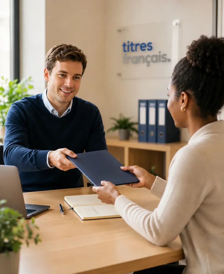 Conseiller remettant une pochette à une cliente