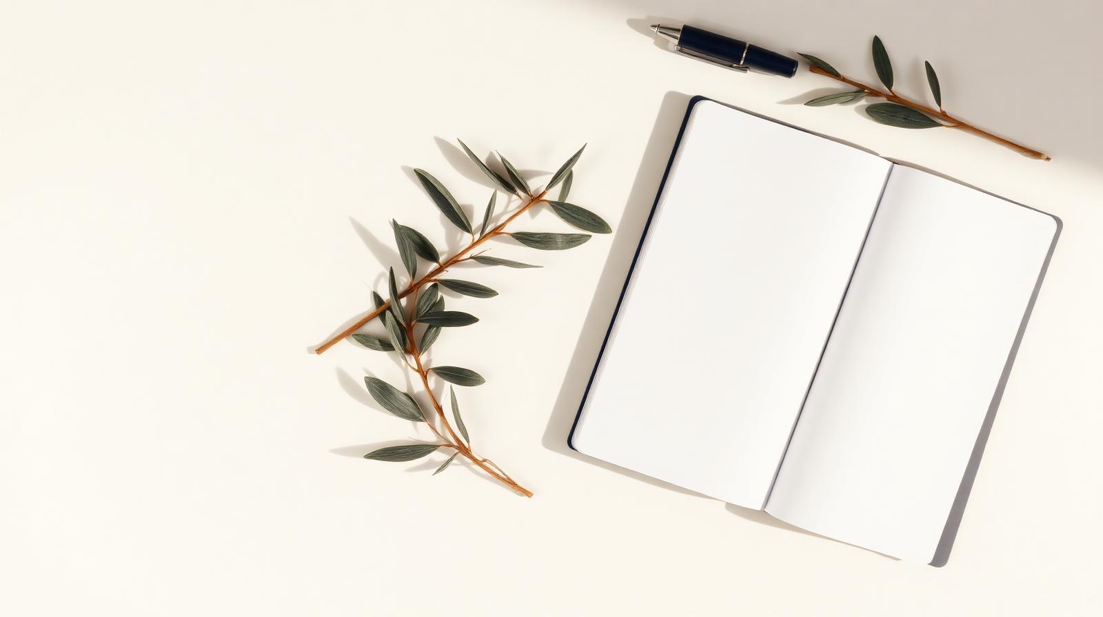 Carnet ouvert et branche d'olivier sur fond crème, symbole de l'identité et du titre français