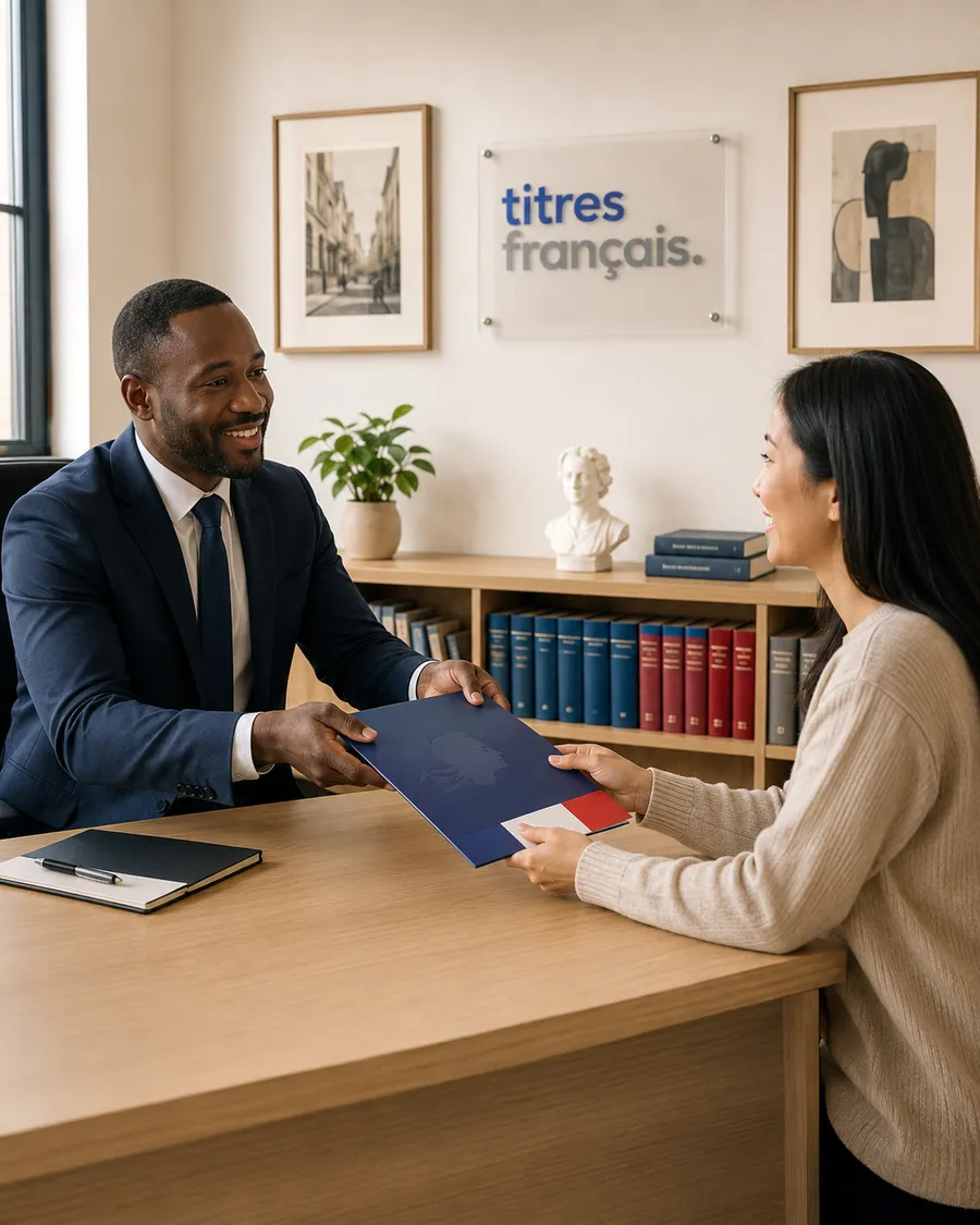 Un conseiller Titres Français remet un dossier de nationalité française à une cliente, dans un bureau moderne avec le logo Titres Français au mur.