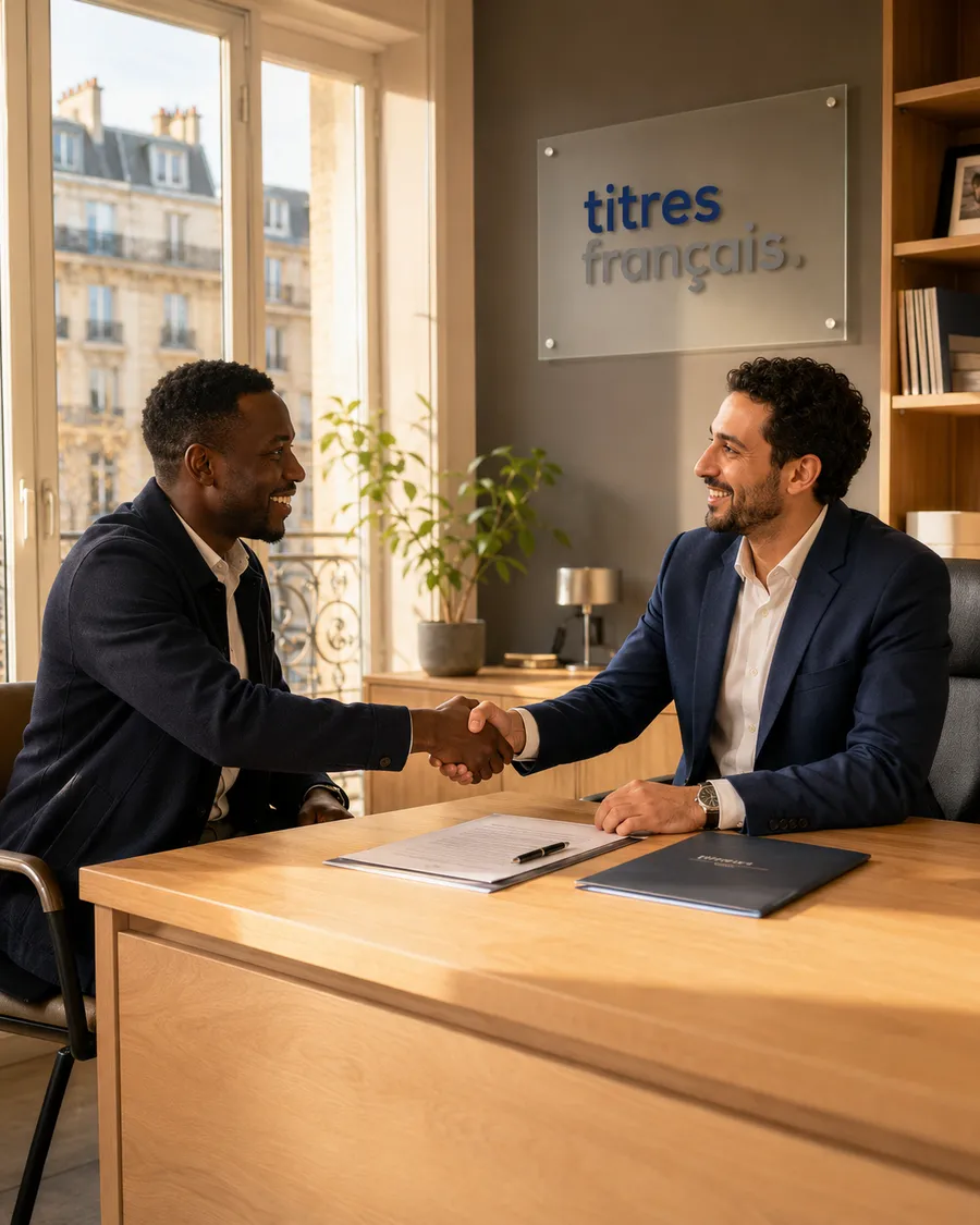 Un salarié échange une poignée de main avec un conseiller Titres Français après l'examen de son titre de séjour travailleur.