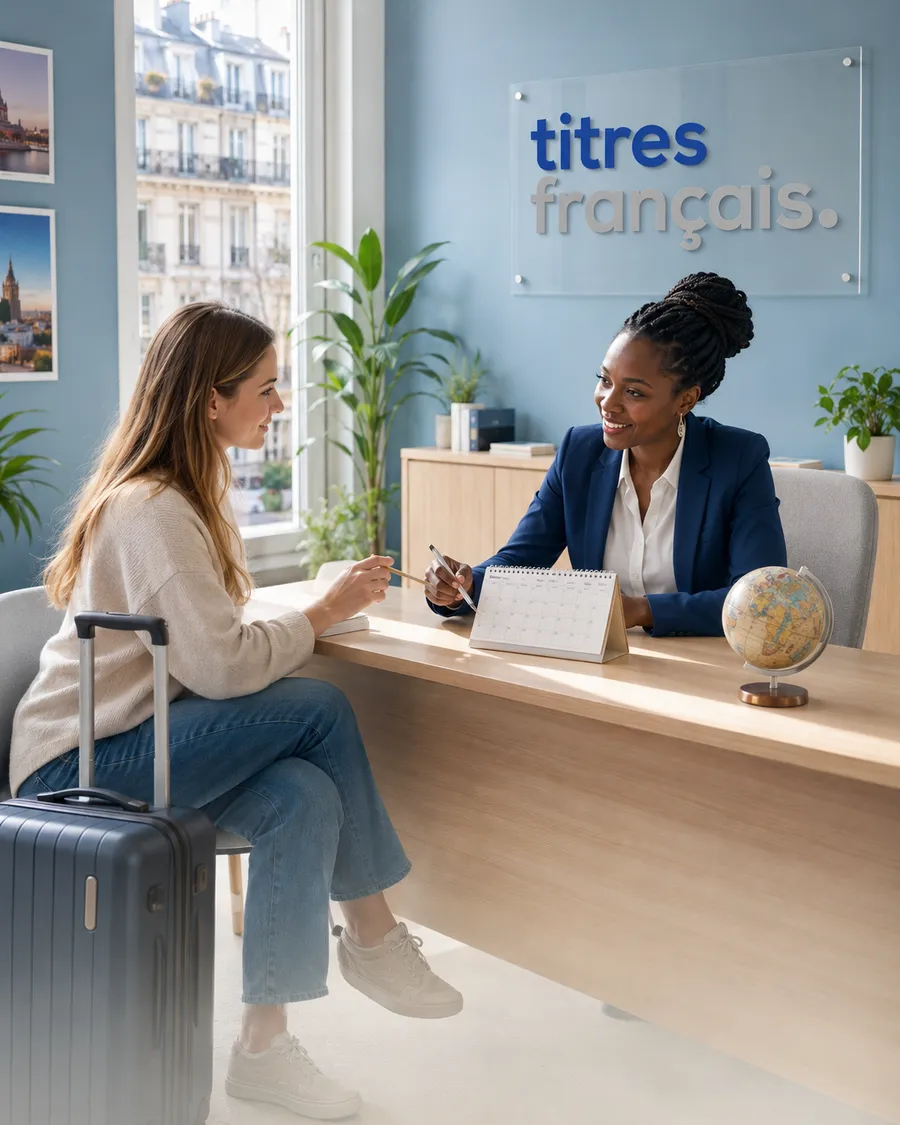 Une voyageuse échange avec une conseillère Titres Français au sujet de son visa court séjour.