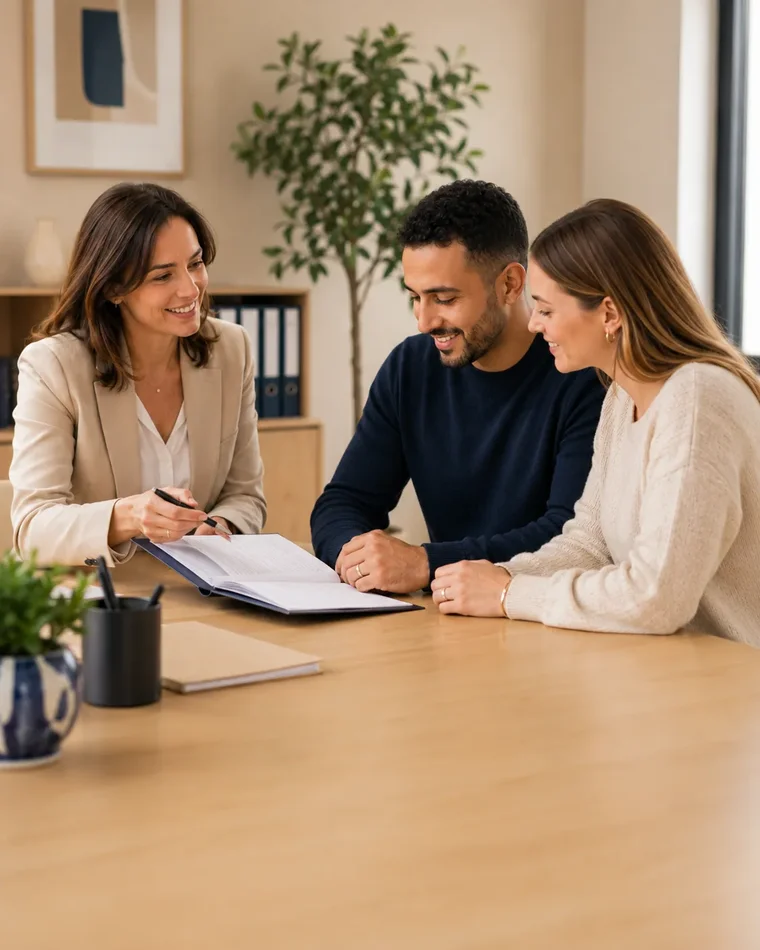 Conseillère et couple signant un dossier