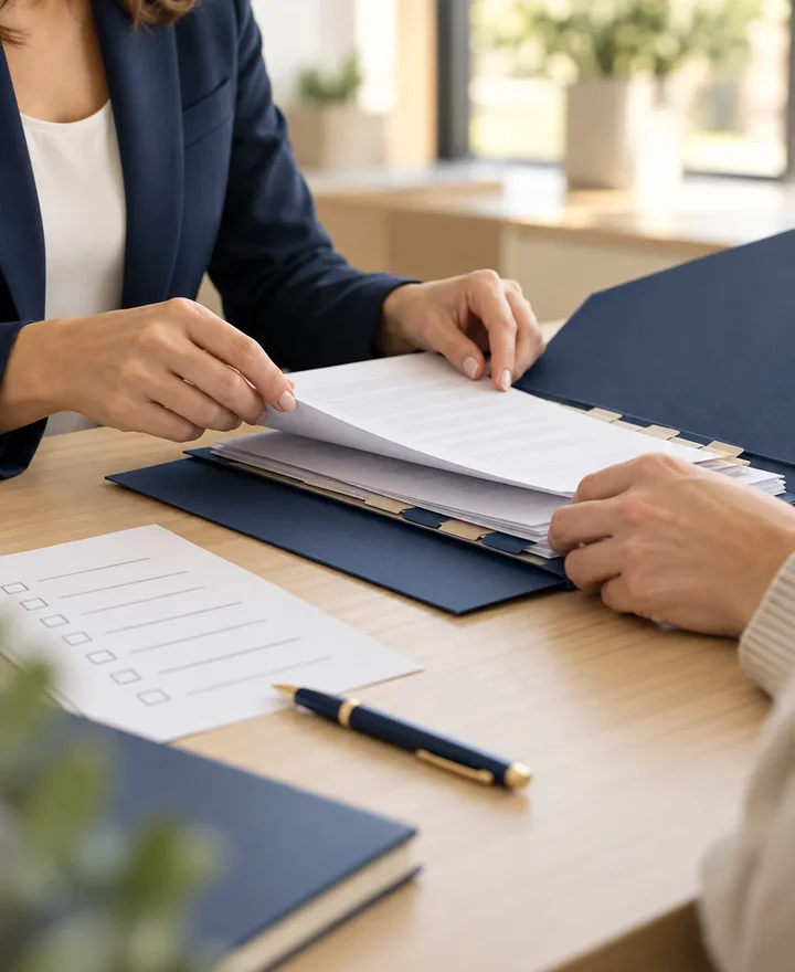 Une référente et un client classent des documents dans une pochette à intercalaires.