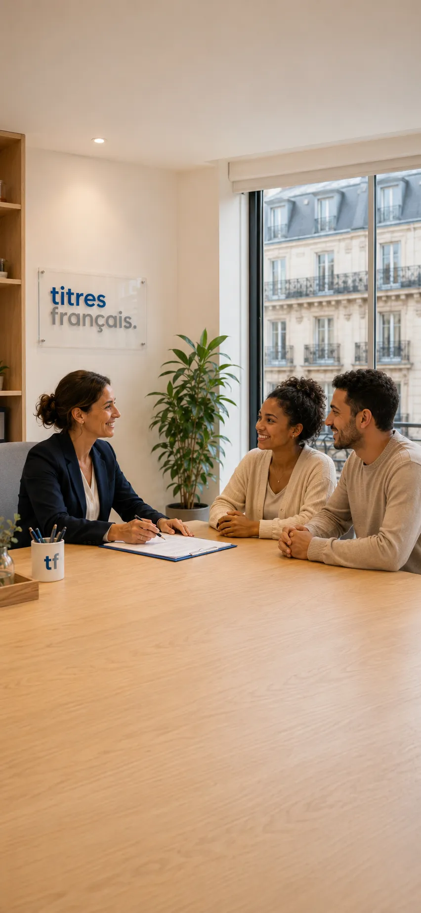 Une conseillère Titres Français accueille un couple pour ses démarches, dans un bureau moderne avec vue sur un immeuble haussmannien et le logo Titres Français au mur.
