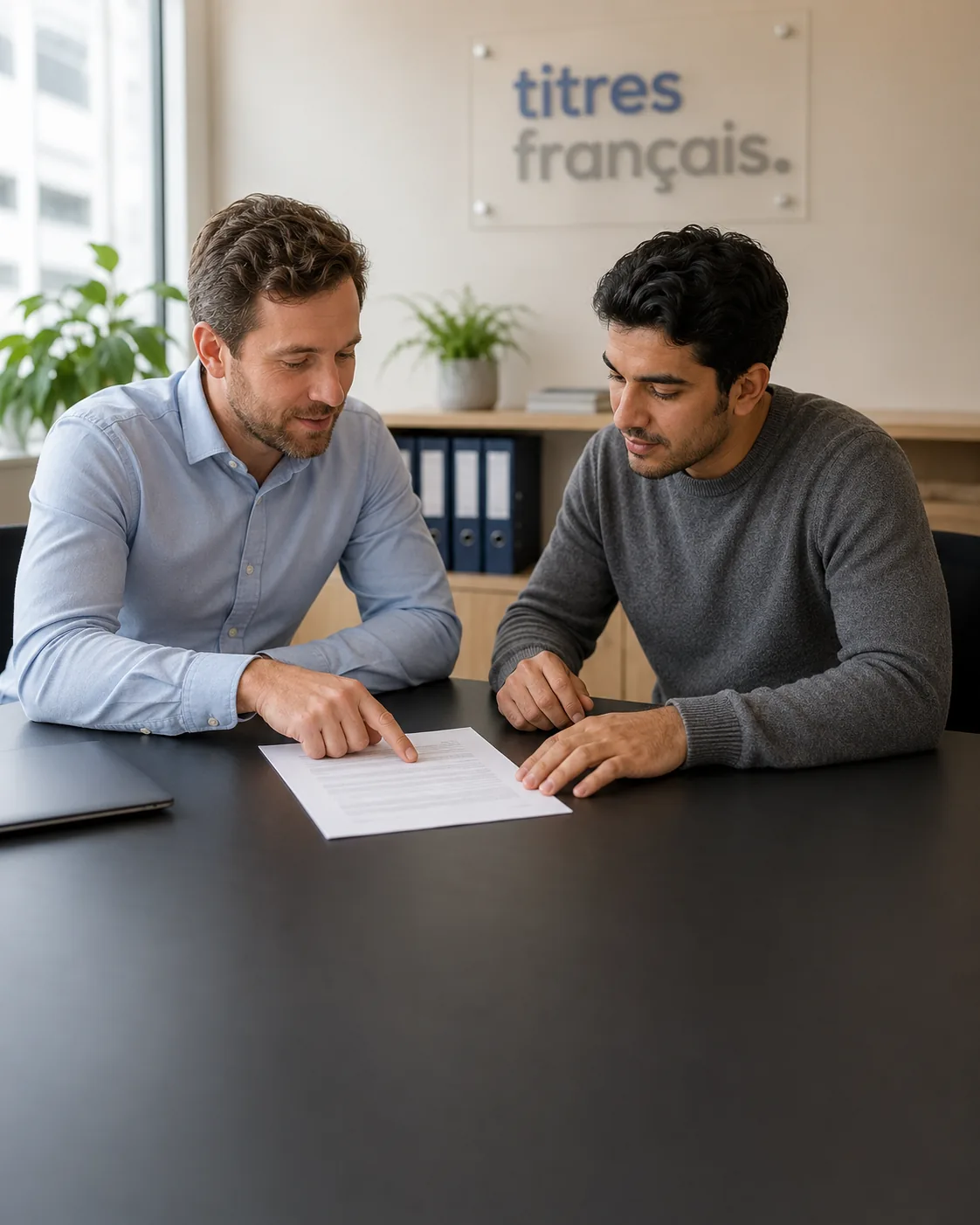 Un conseiller Titres Français et un client étudient un document lors d'un rendez-vous, avec le logo Titres Français au mur.
