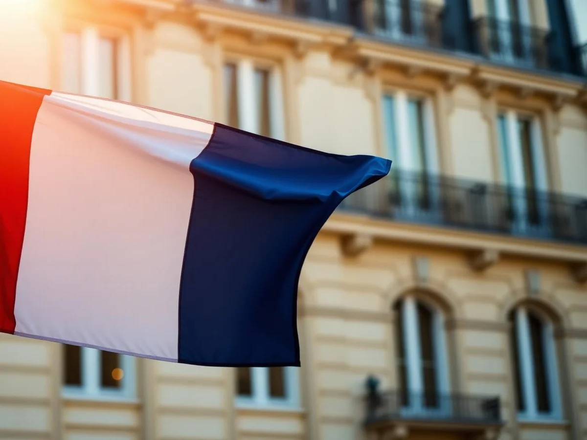 Drapeau tricolore français devant une façade haussmannienne, symbole de la naturalisation