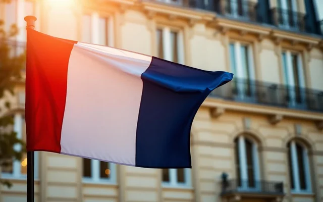 Drapeau tricolore français devant une façade haussmannienne, symbole de la naturalisation