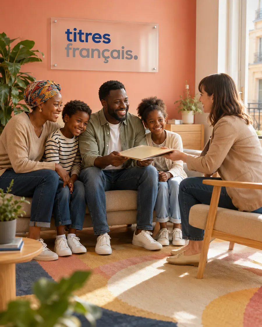 Une famille réunie reçue par une conseillère Titres Français pour un regroupement familial.